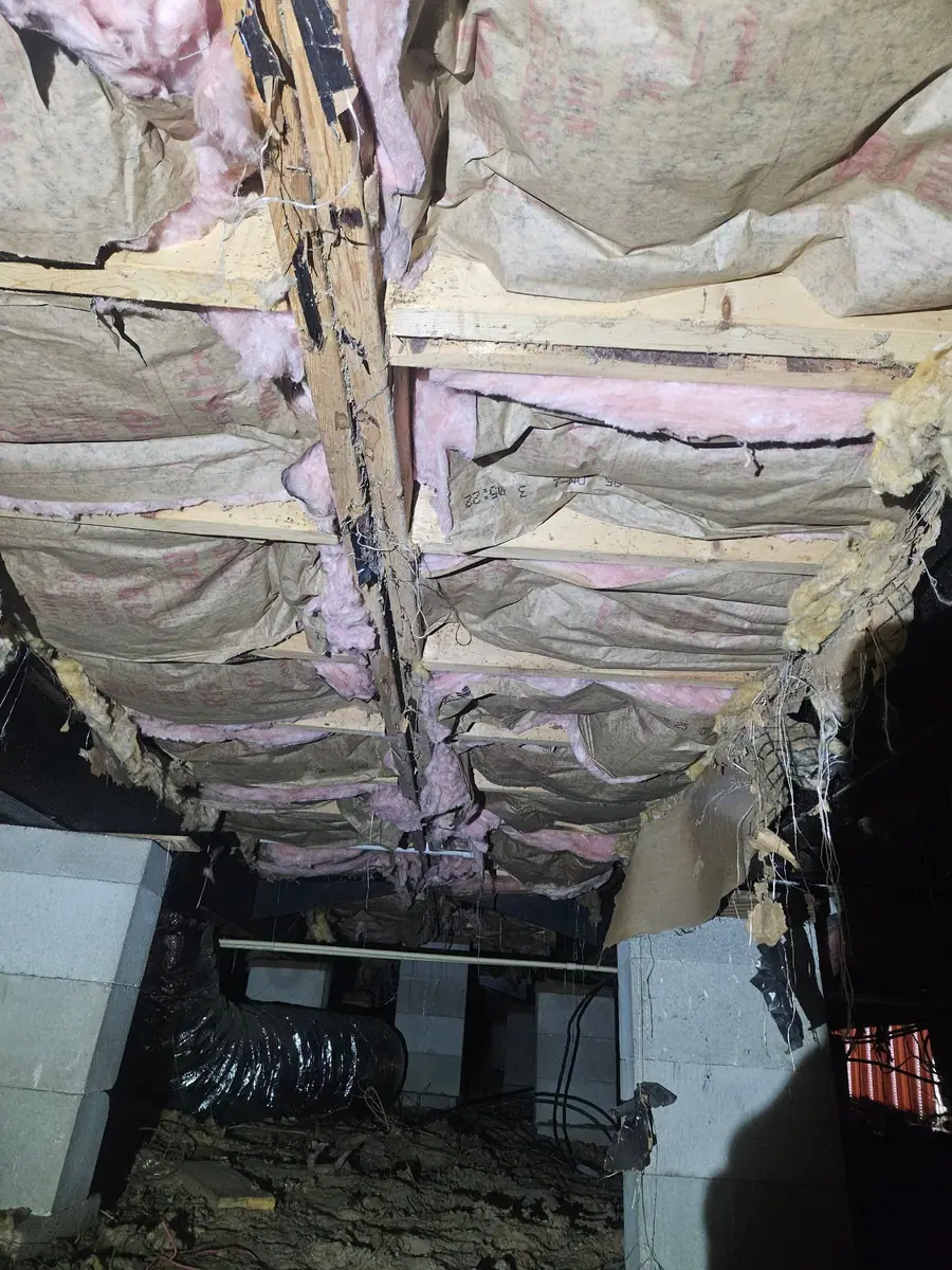 Rows of new R-19 insulation under a manufactured home floor above the block piers