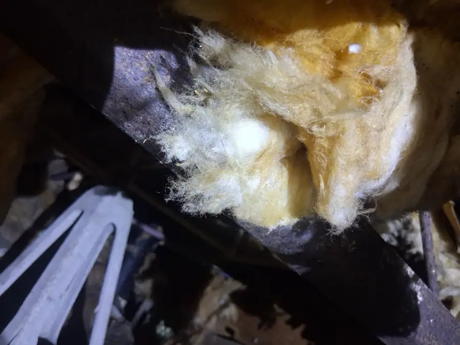 Insulation pushing out through a torn belly near the stabilizer struts