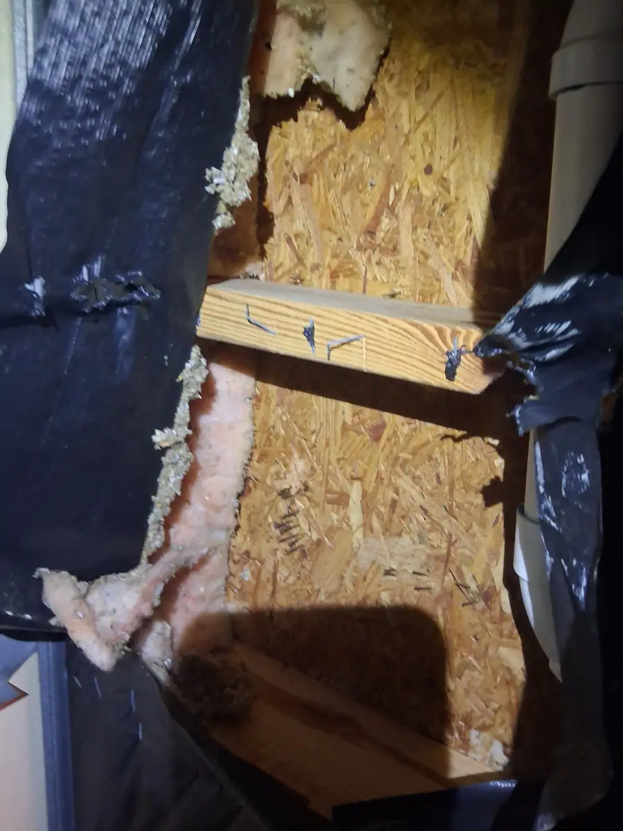 OSB floor decking and a wood brace seen through an opening cut in the belly wrap