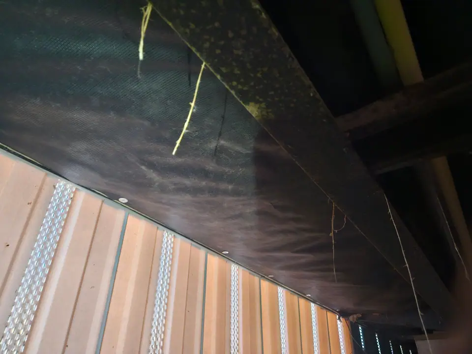 Vinyl skirting with vent strips seen from inside the crawl space